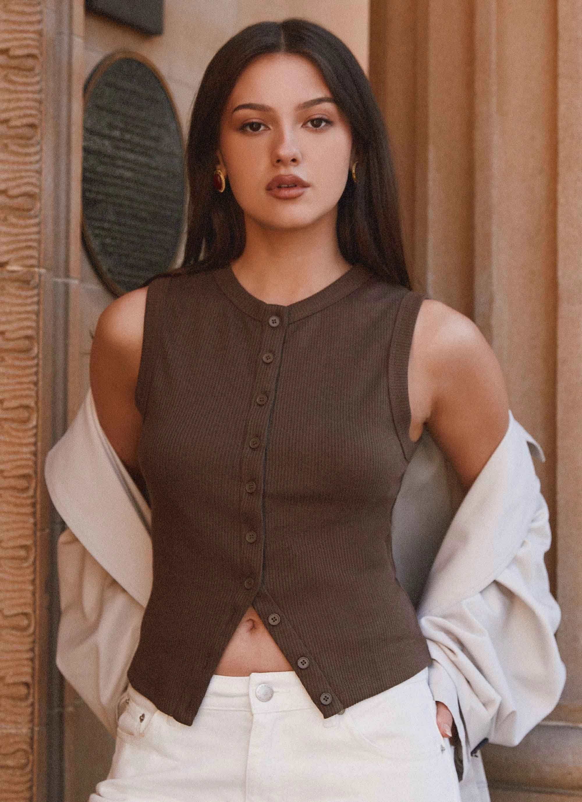 Blair Buttoned Knit Top - Chocolate Formal Wear