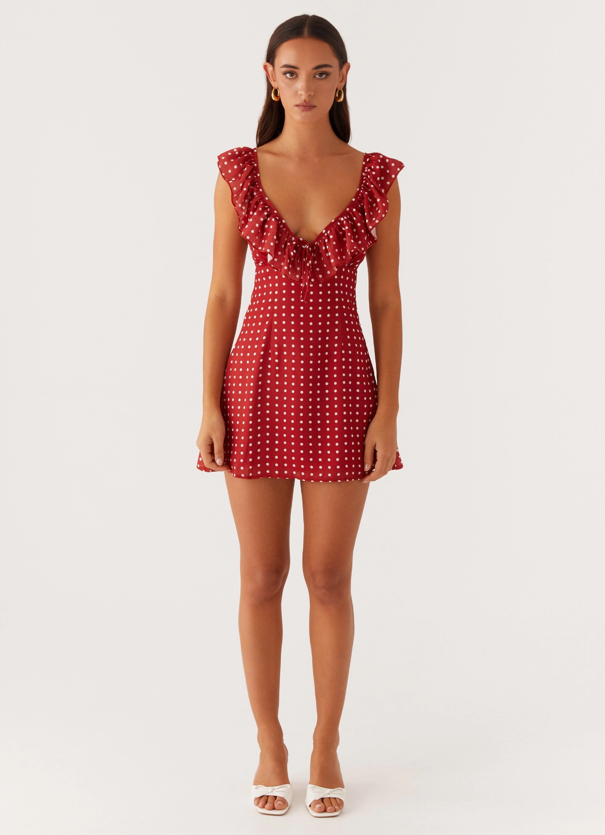 breathable fabric dress Adrina Ruffle Mini Dress - Red Polka Dot