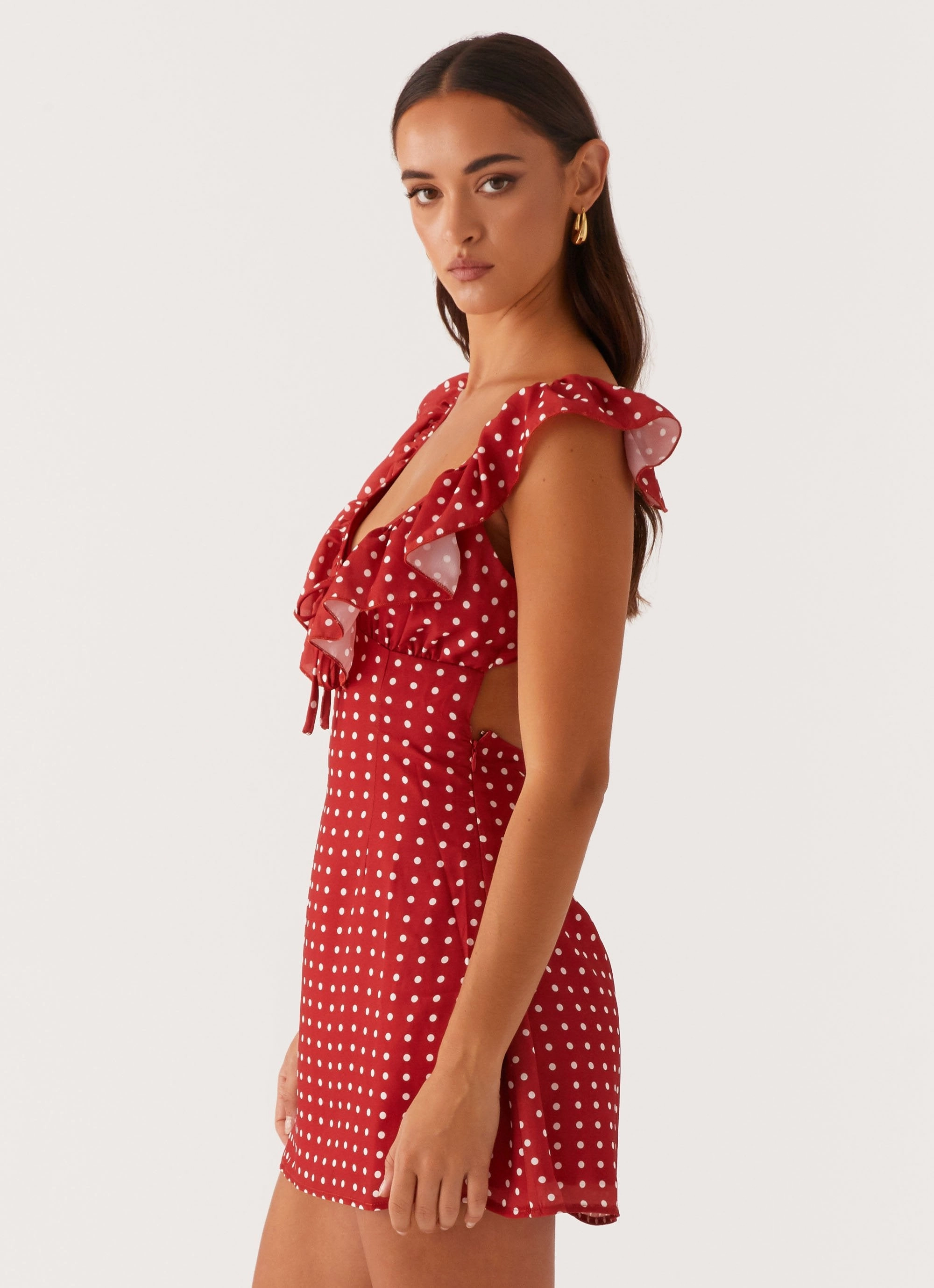 Adrina Ruffle Mini Dress - Red Polka Dot Relax Line