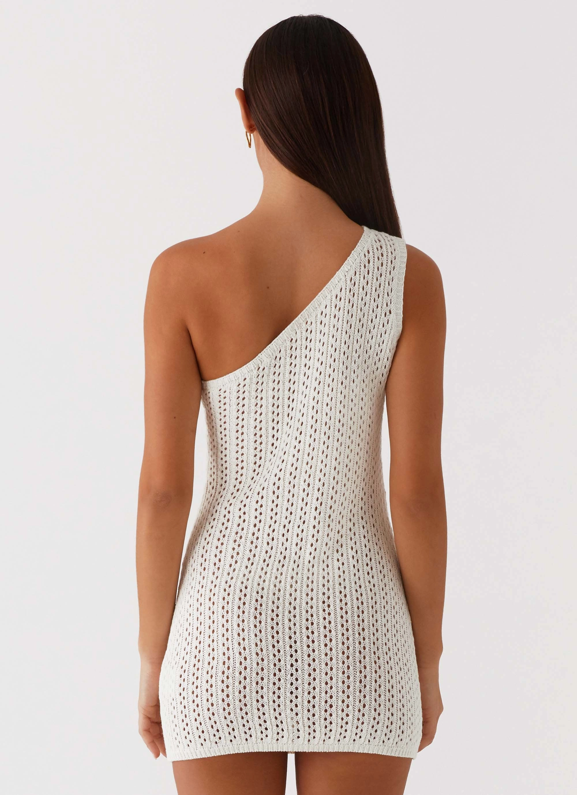 Afterglow One Shoulder Crochet Mini Dress - Ivory High Cut Chic Spirit