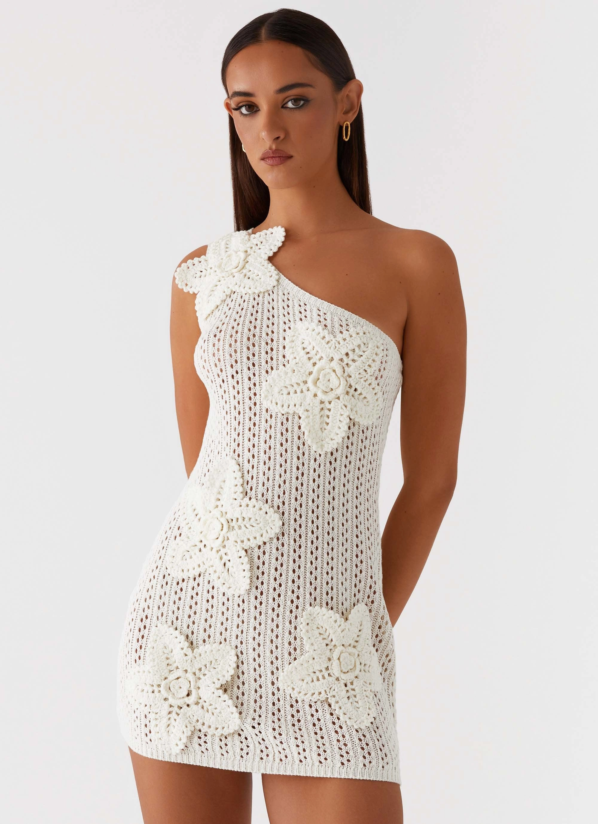 Afterglow One Shoulder Crochet Mini Dress - Ivory Travel Fit