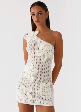 Afterglow One Shoulder Crochet Mini Dress - Ivory Travel Fit