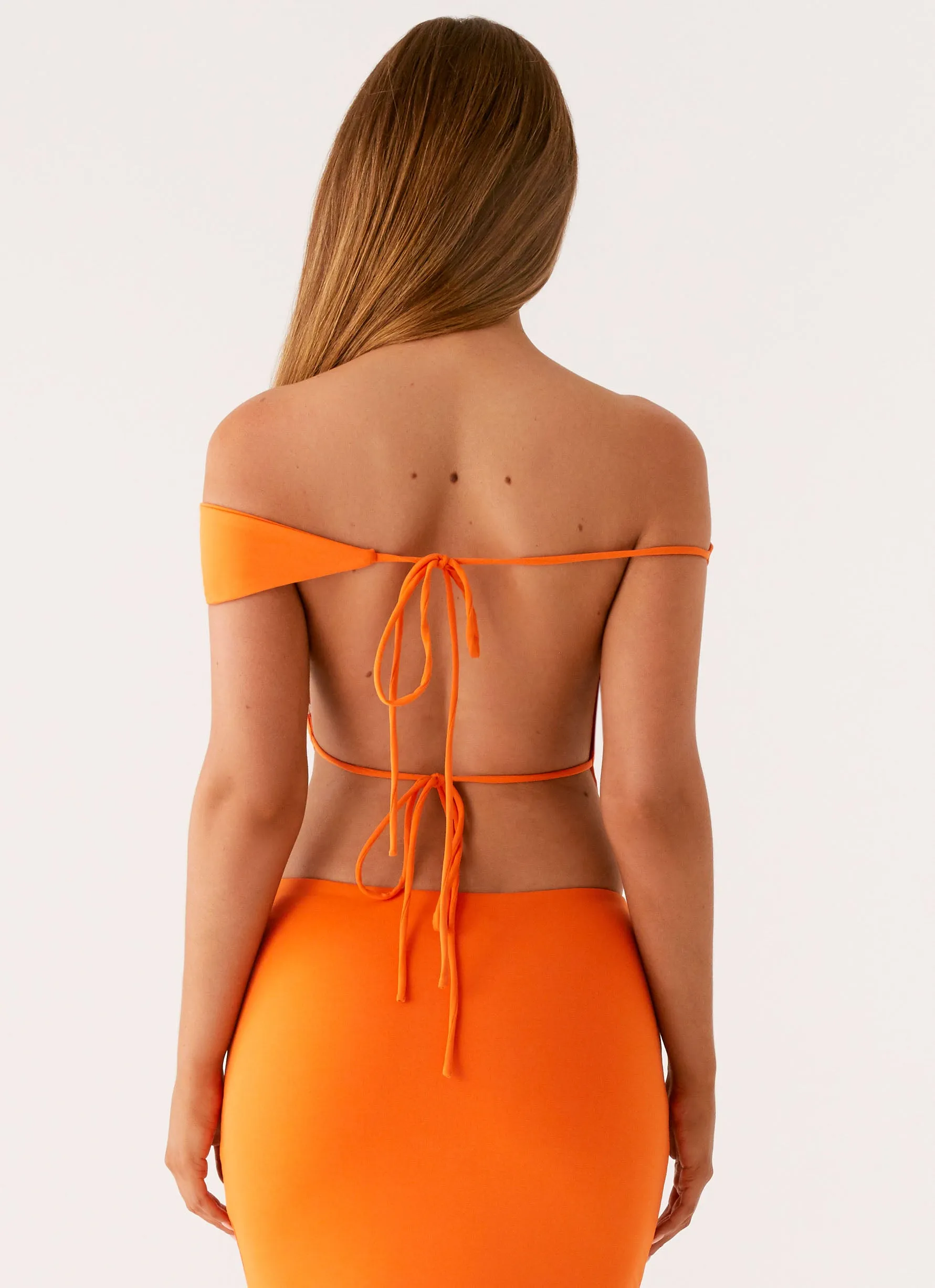 Kamara Off Shoulder Top - Orange Textured Weave Pattern