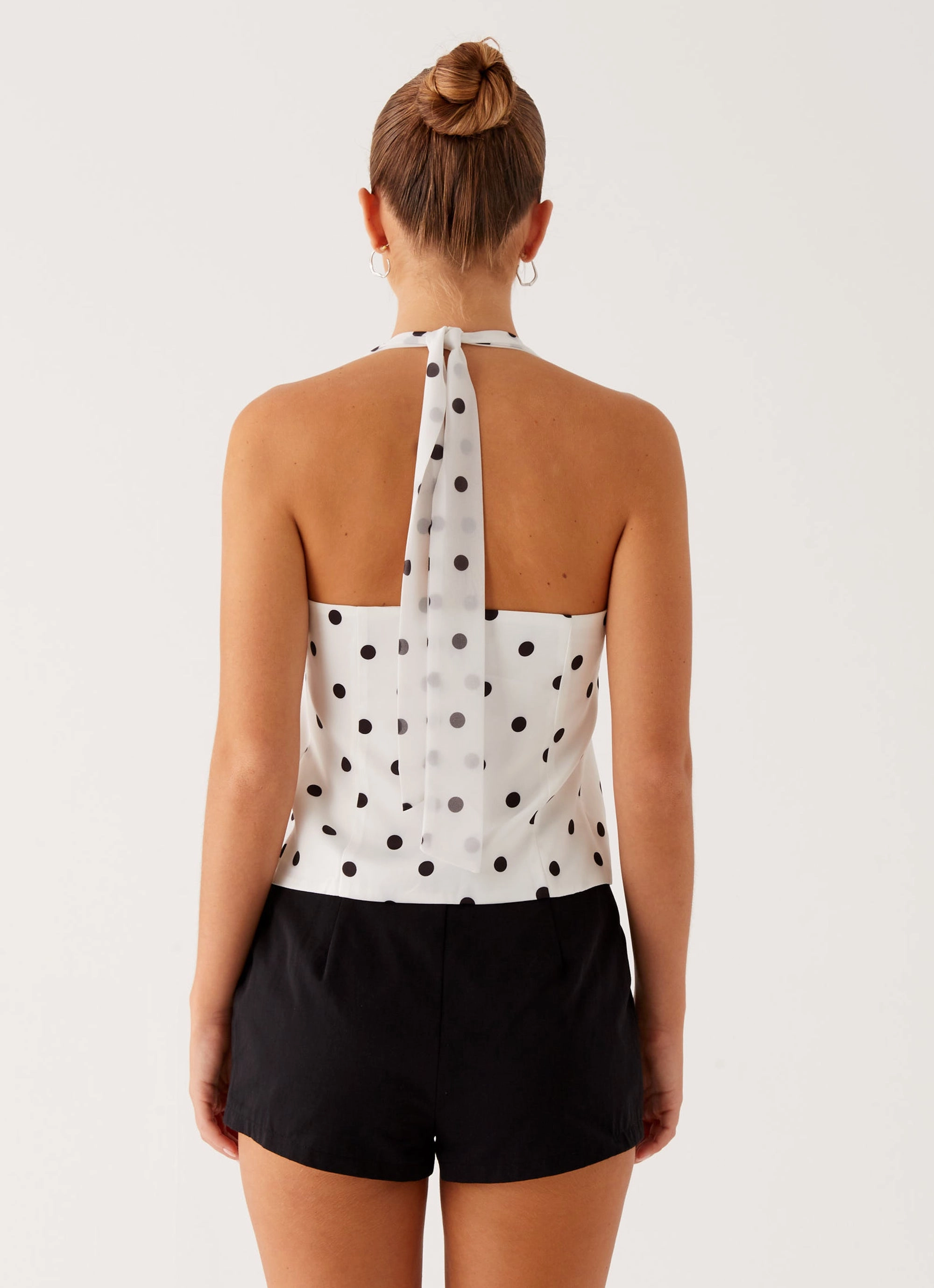 Breathable Mesh Back Lets Pretend Halterneck Top - White Polka Dot