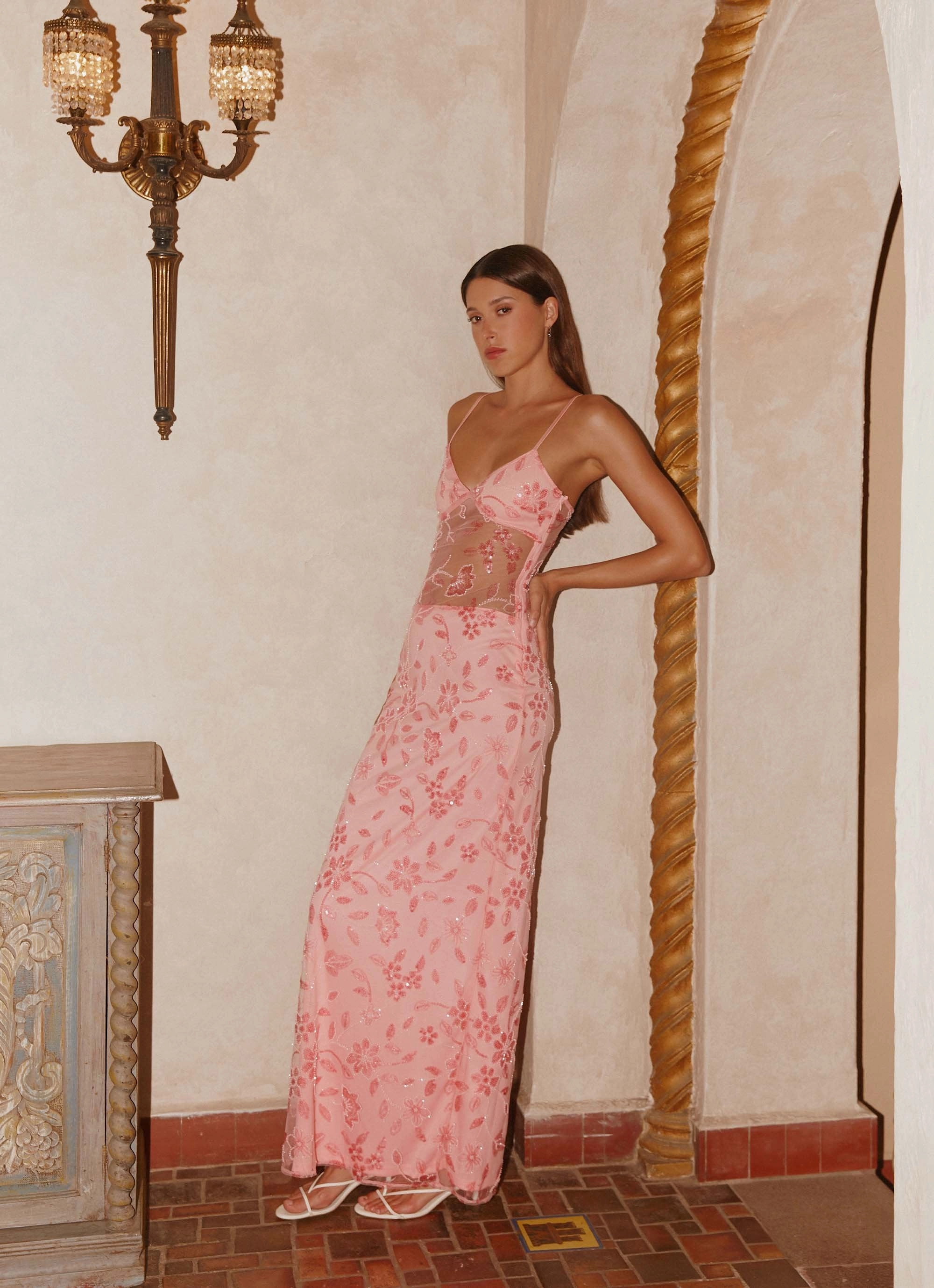 Akira Beaded Maxi Dress - Pink Orange Relaxed Style Wear