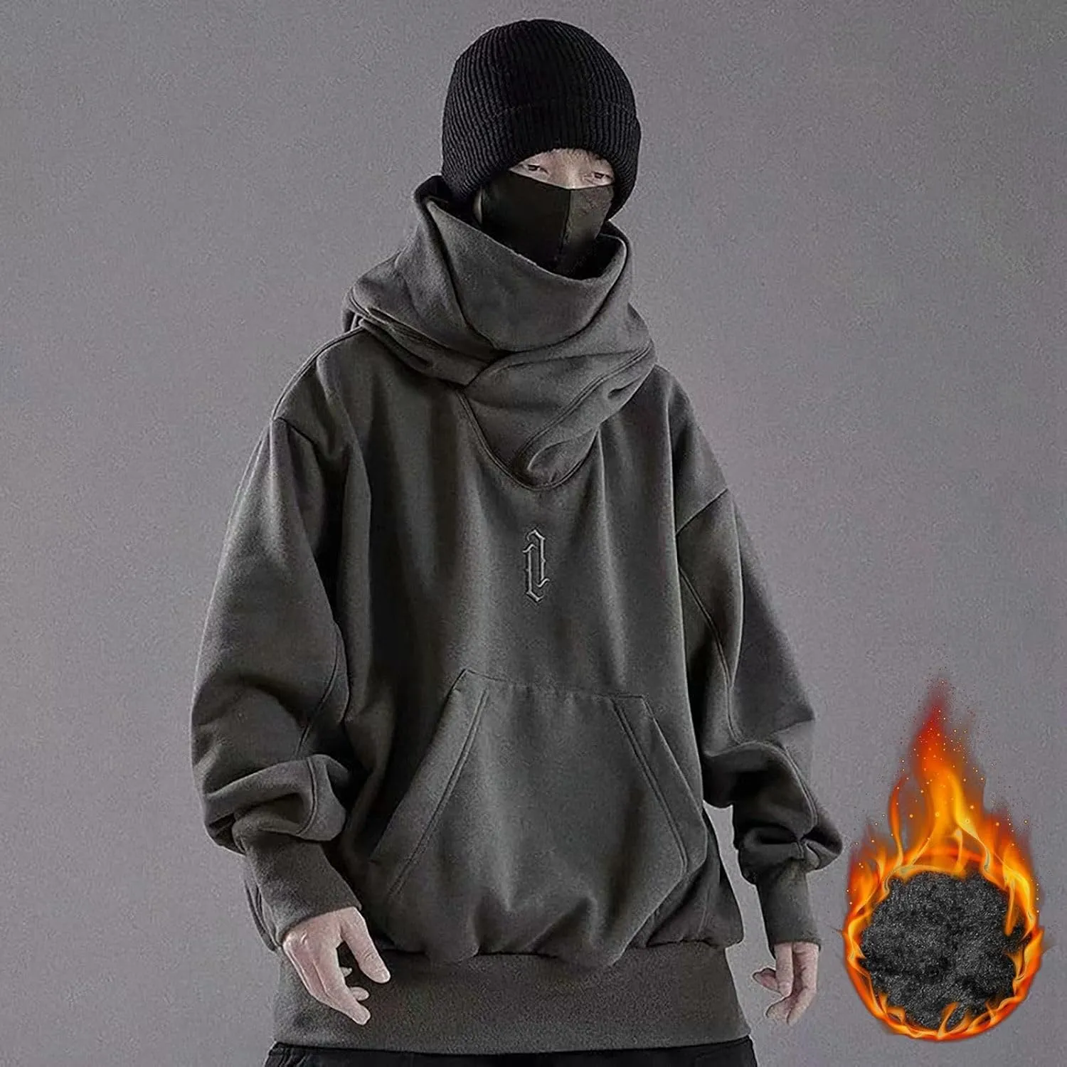Alalaso Fleece Hoodies for Men Cowl Neck Sweatshirts Casual Pullover Fall Winter Loose Fit Tops with Embroidery