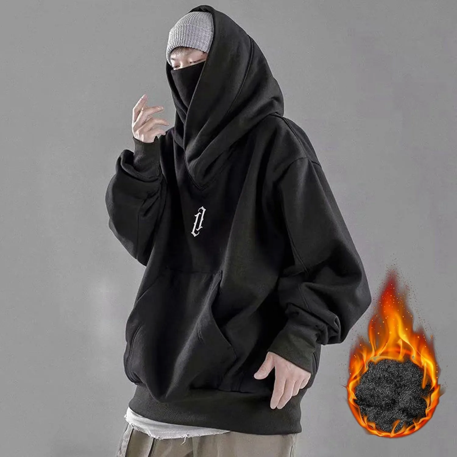 Alalaso Fleece Hoodies for Men Cowl Neck Sweatshirts Casual Pullover Fall Winter Loose Fit Tops with Embroidery