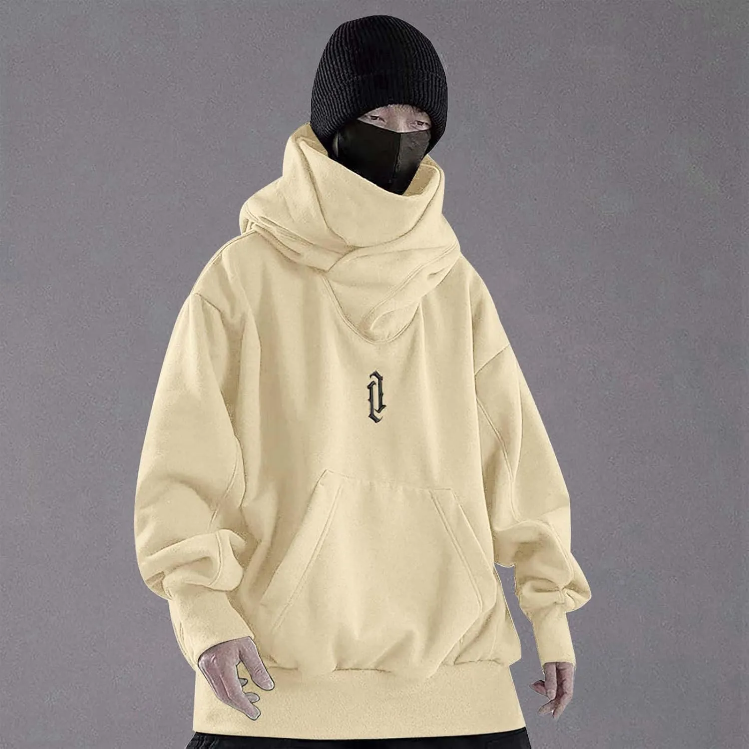 Alalaso Fleece Hoodies for Men Cowl Neck Sweatshirts Casual Pullover Fall Winter Loose Fit Tops with Embroidery