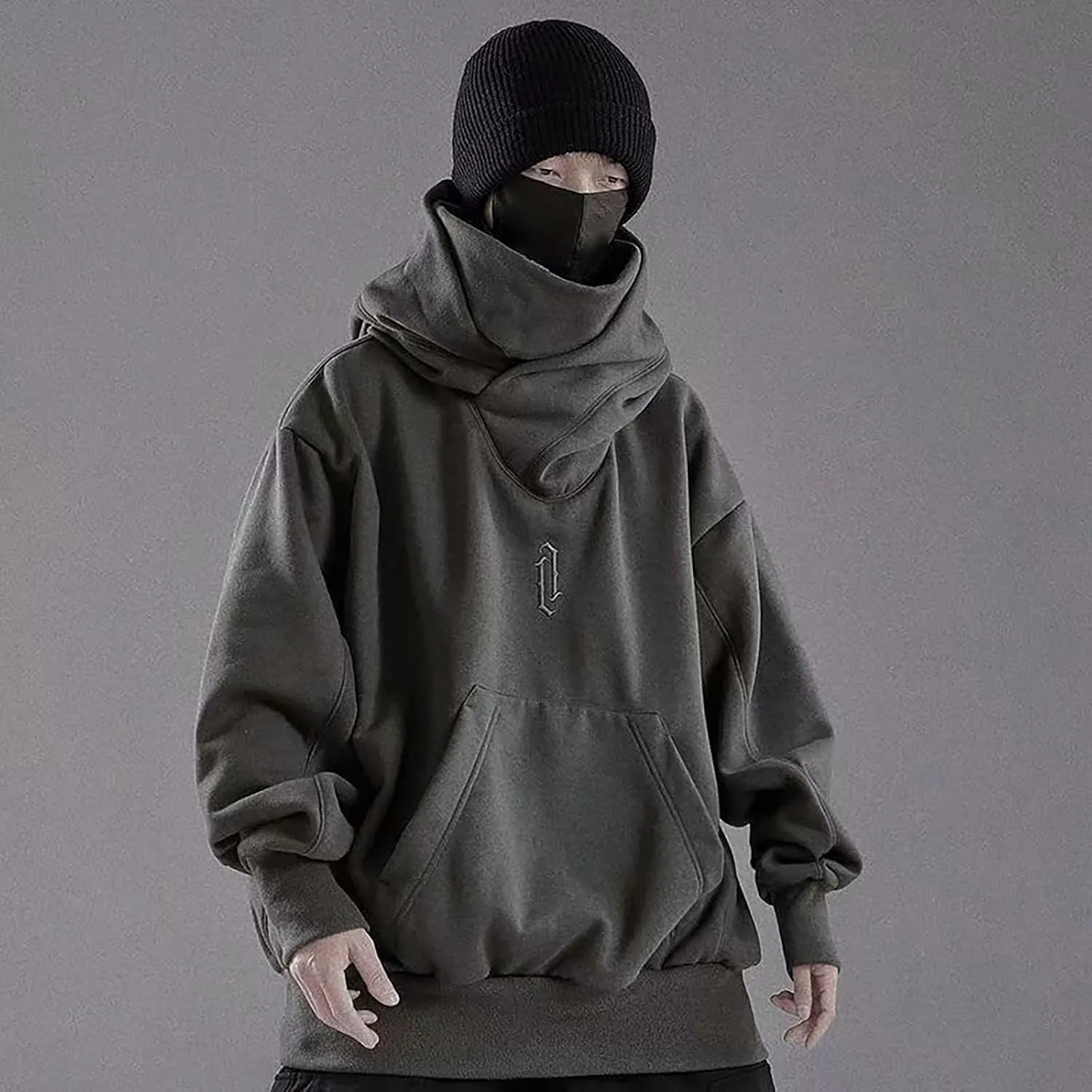 Alalaso Fleece Hoodies for Men Cowl Neck Sweatshirts Casual Pullover Fall Winter Loose Fit Tops with Embroidery