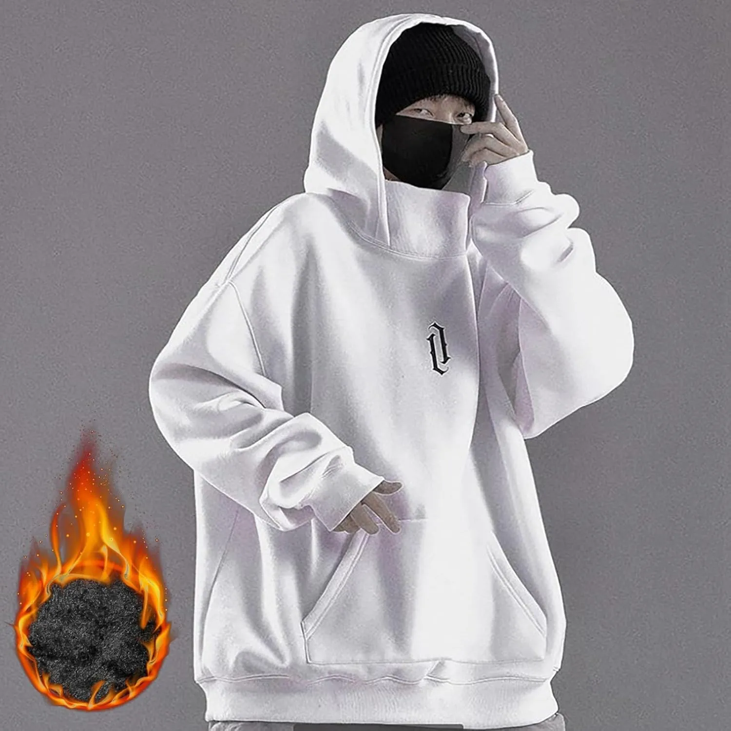 Alalaso Fleece Hoodies for Men Cowl Neck Sweatshirts Casual Pullover Fall Winter Loose Fit Tops with Embroidery