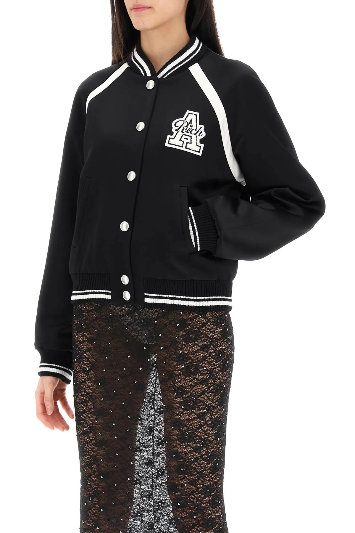 Alessandra rich satin bomber jacket with logo patch FABX3583 F4313 BLACK