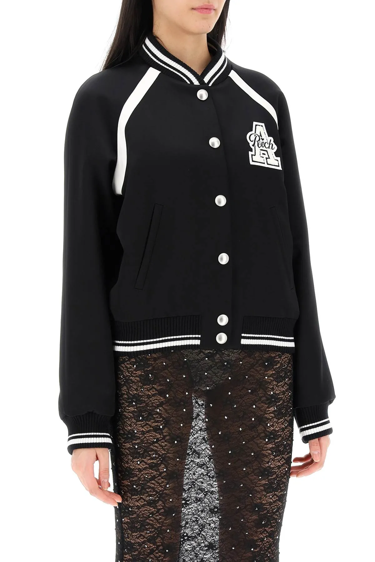 Alessandra rich satin bomber jacket with logo patch FABX3583 F4313 BLACK