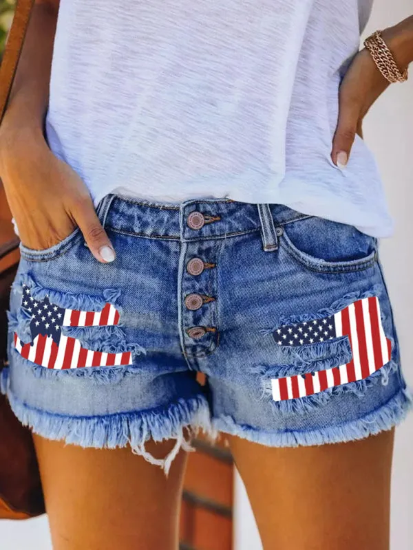 Alianna Button-Breasted Printed Patch Denim Shorts With Ripped Fringed Hot Pants