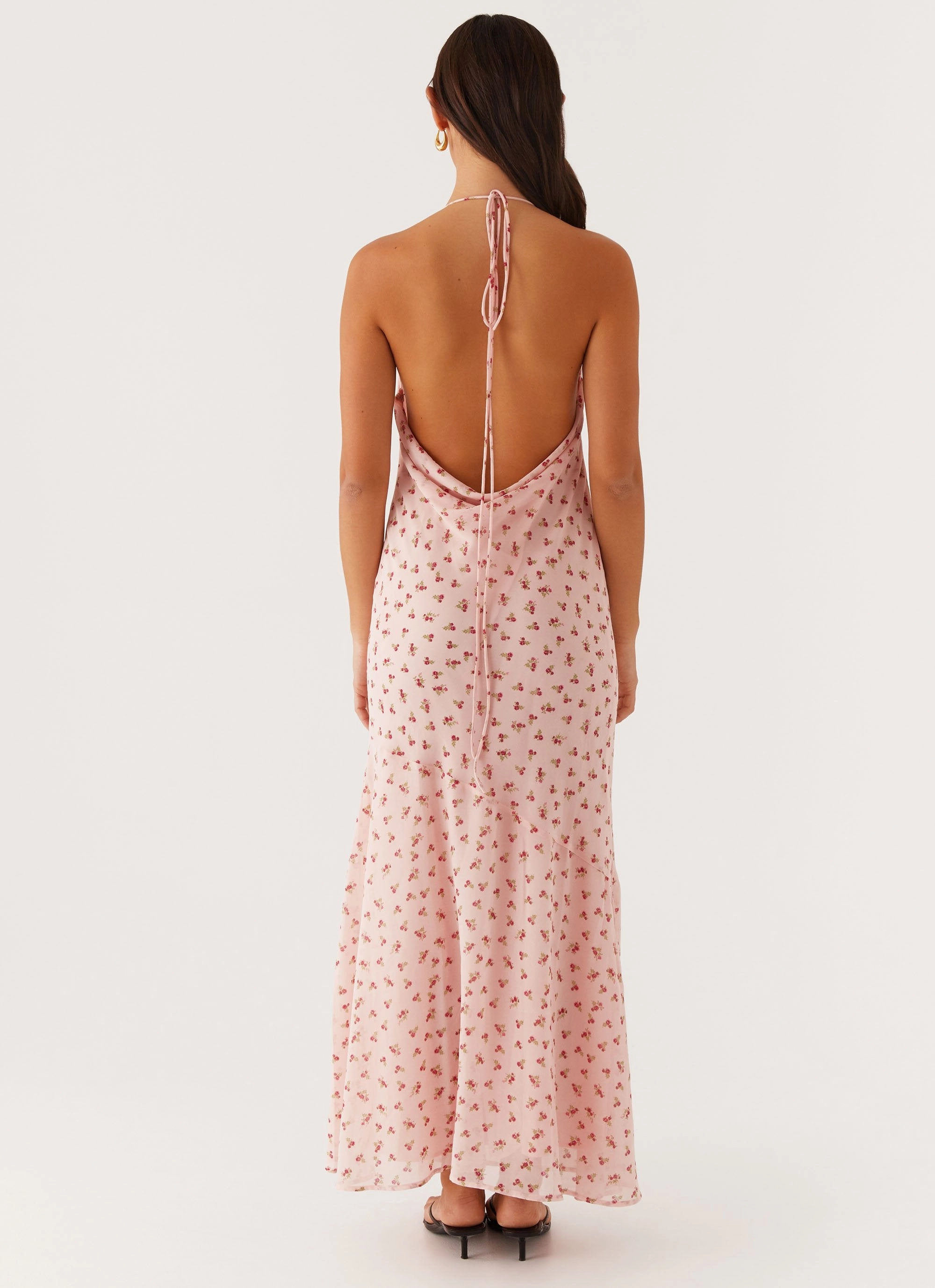 Alianna Cowl Neck Mesh Maxi Dress - Pink Flower Shape Hug LayeredHemline
