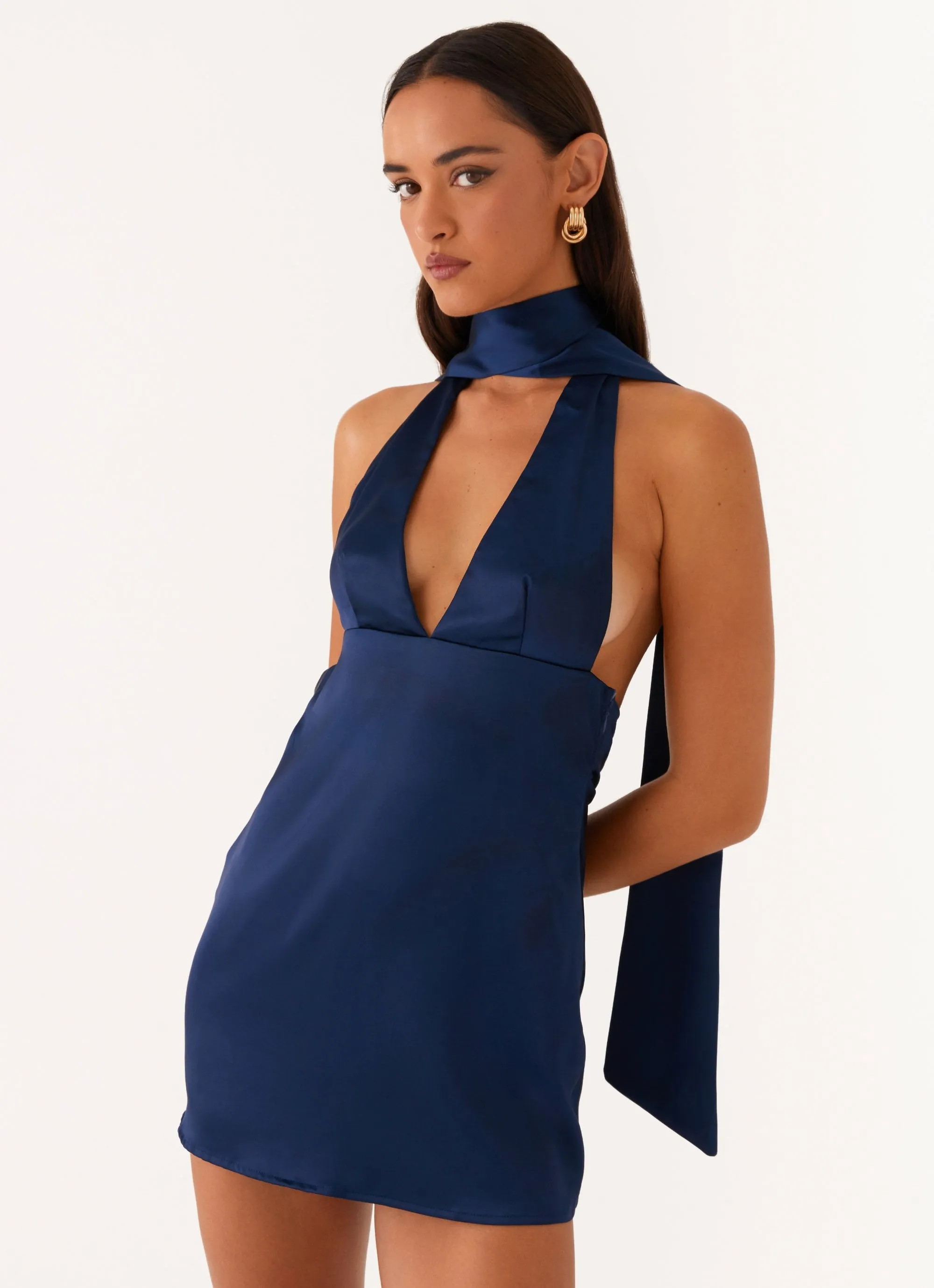 Alicia Satin Halter Mini Dress - Navy Comfortable shift dress