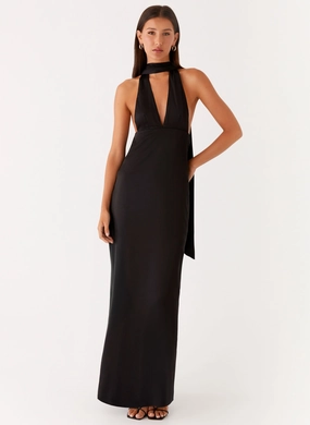 Sophisticated Waist Semi Fit Alicia Satin Halter Maxi Dress - Black