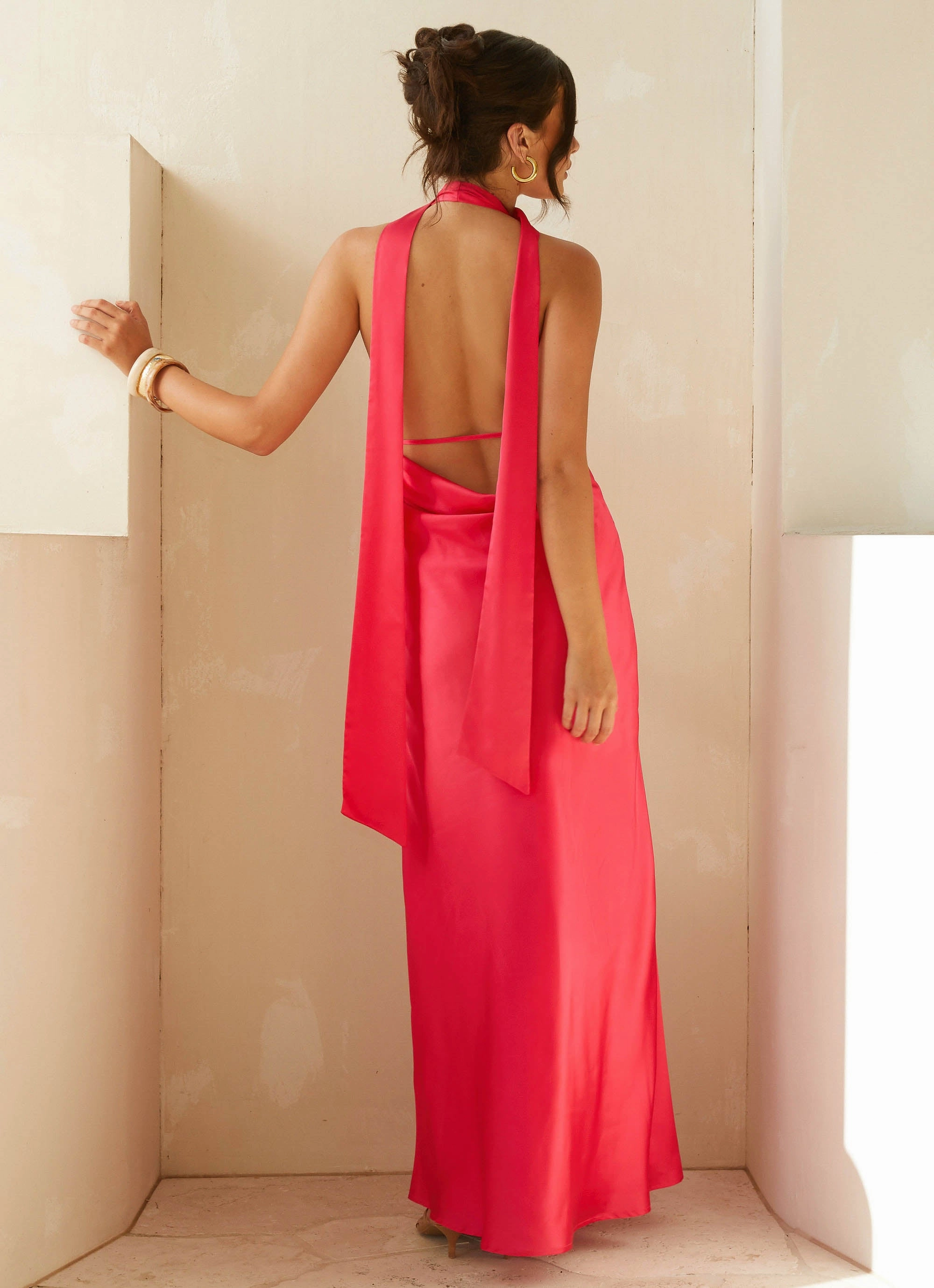 Resort Ready High Cut Alicia Satin Halter Maxi Dress - Fuchsia