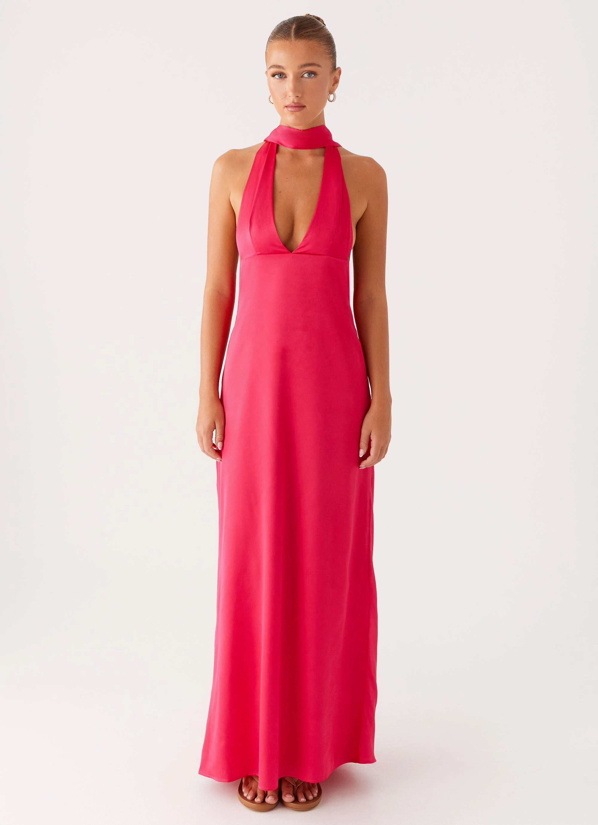 Gender Fluid Form Fit Alicia Satin Halter Maxi Dress - Fuchsia