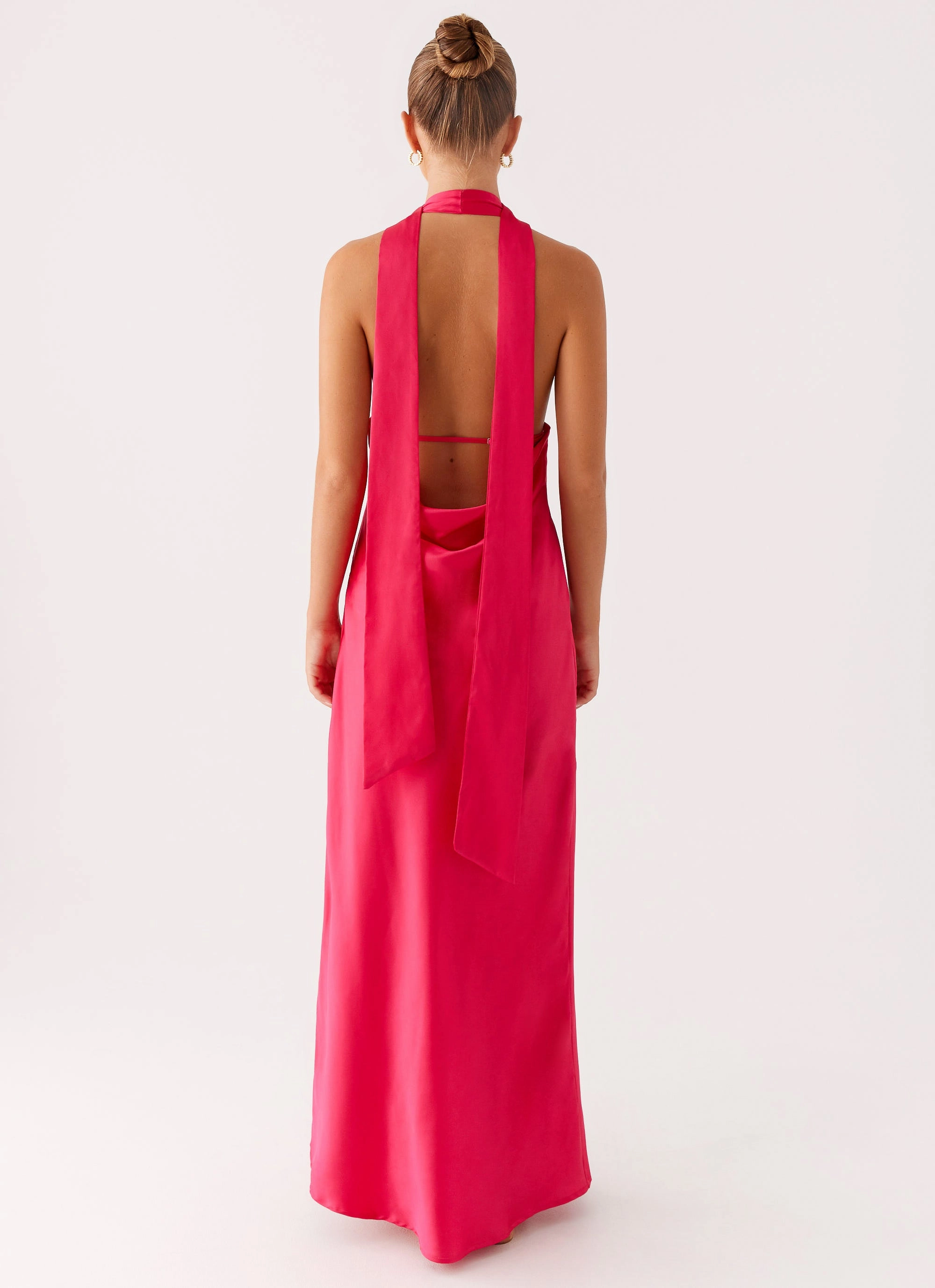 Alicia Satin Halter Maxi Dress - Fuchsia Form Fitting Coffee Break