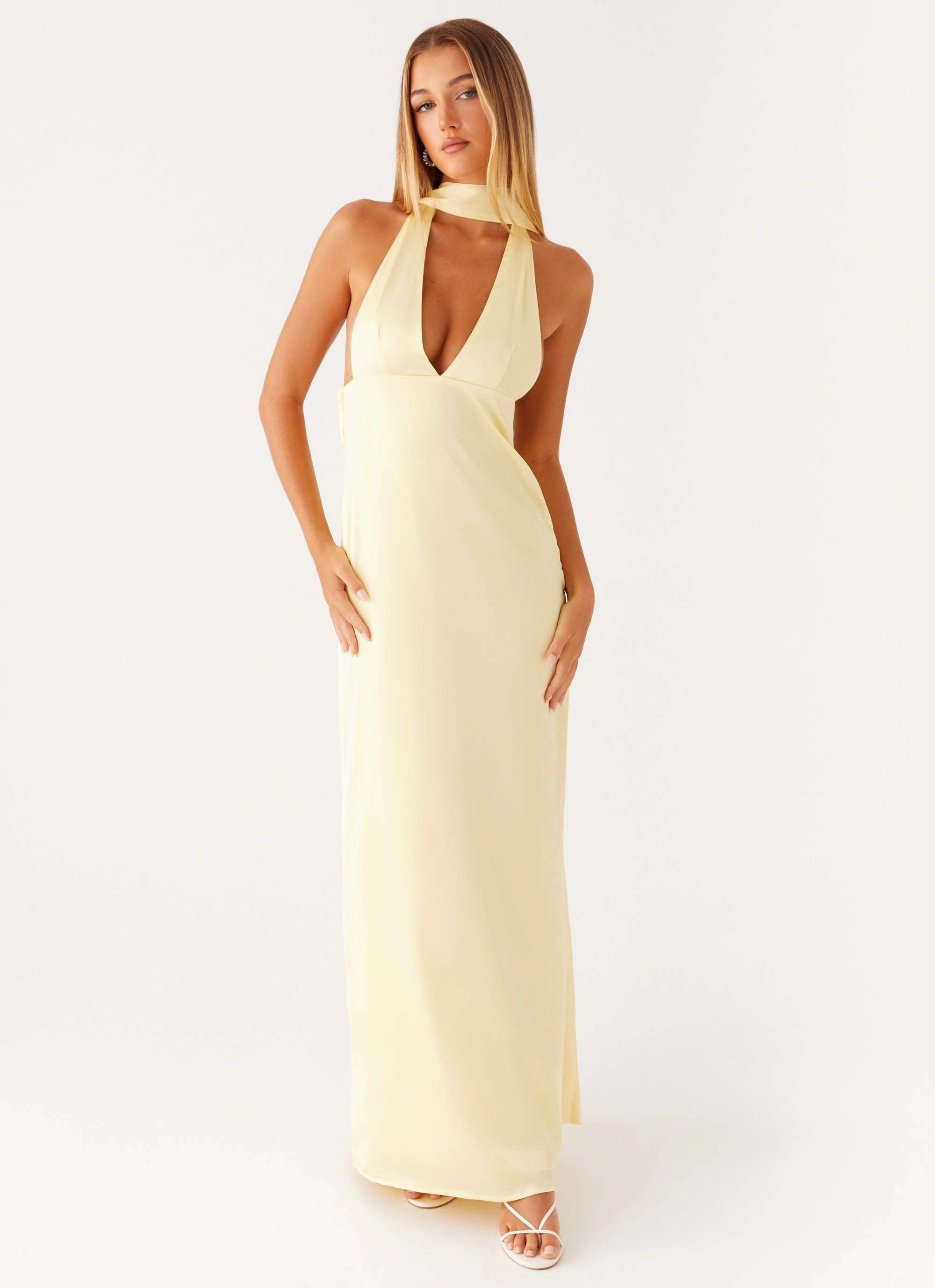 Comfortable fit for outings Contemporary Layer Alicia Satin Halter Maxi Dress - Yellow