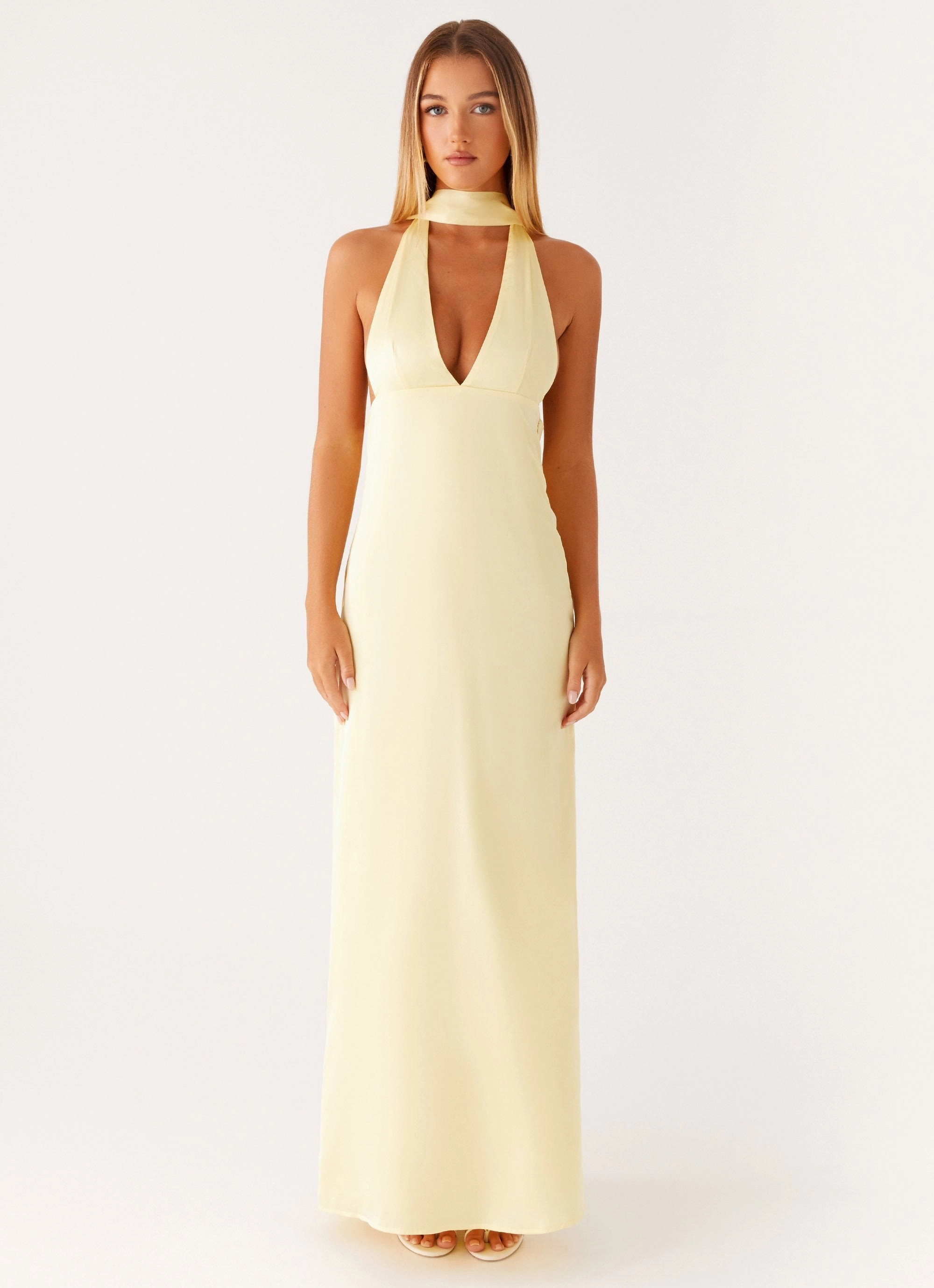 Alicia Satin Halter Maxi Dress - Yellow Piped-Edge Classic Fit