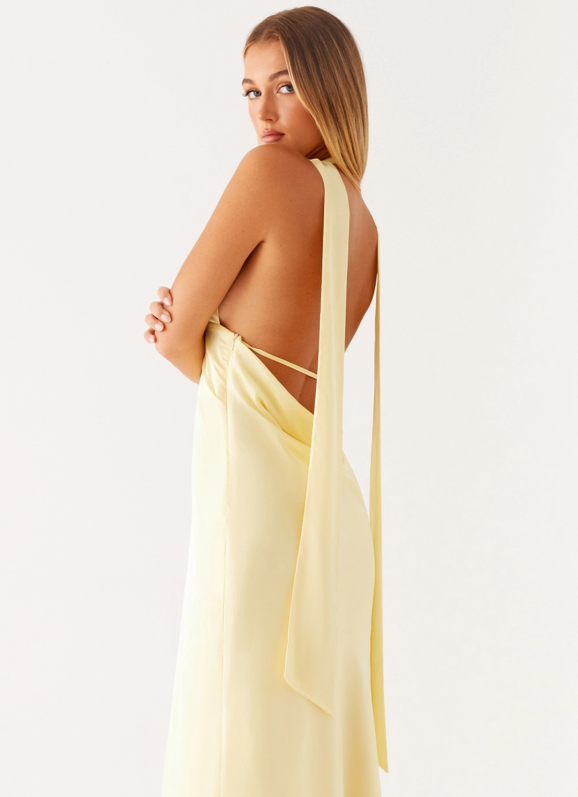 Weekend Casual Bright Petal Alicia Satin Halter Maxi Dress - Yellow