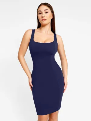Raw Edge Detail AllDay Comfort Design Shapewear Sleeveless Square Neck Sculpting Midi Work Dress