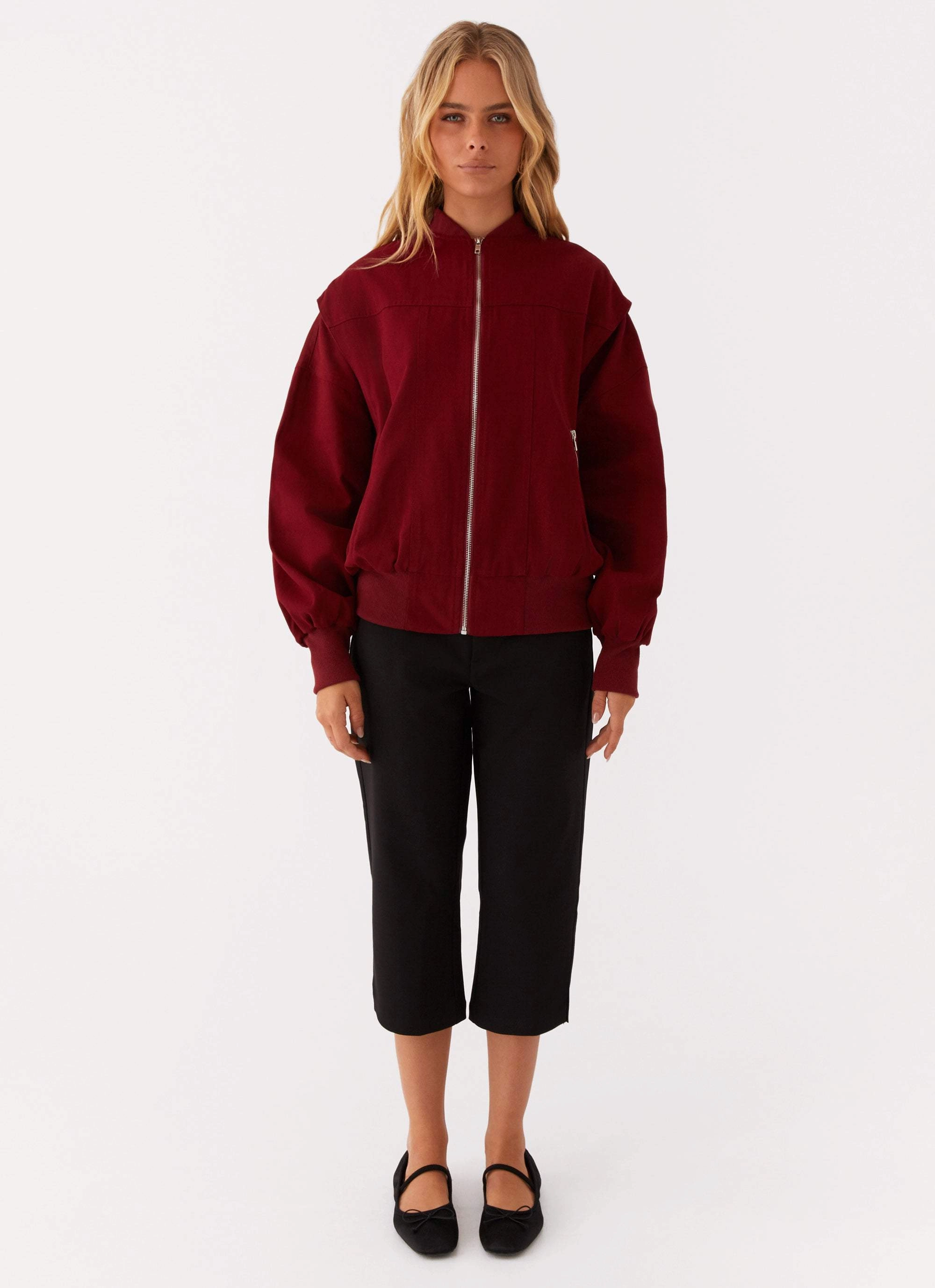 Double Stitch Seams Stretch Material Alabama Bomber Jacket - Red