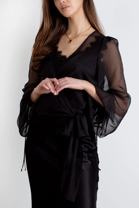 "The Jenny" - Sheer Wrap Blouse (Black) Crisp Look