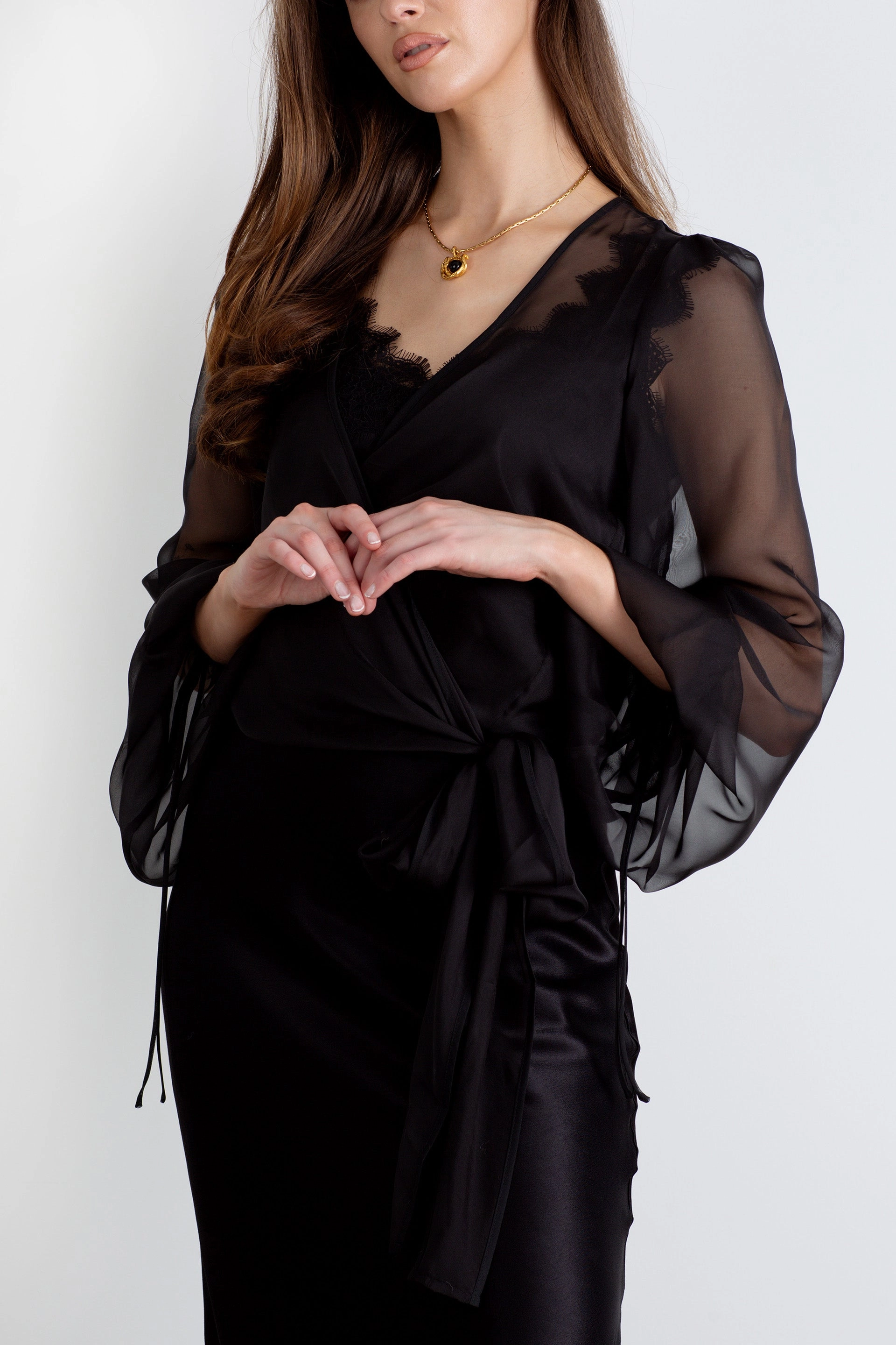 "The Jenny" - Sheer Wrap Blouse (Black) Crisp Look