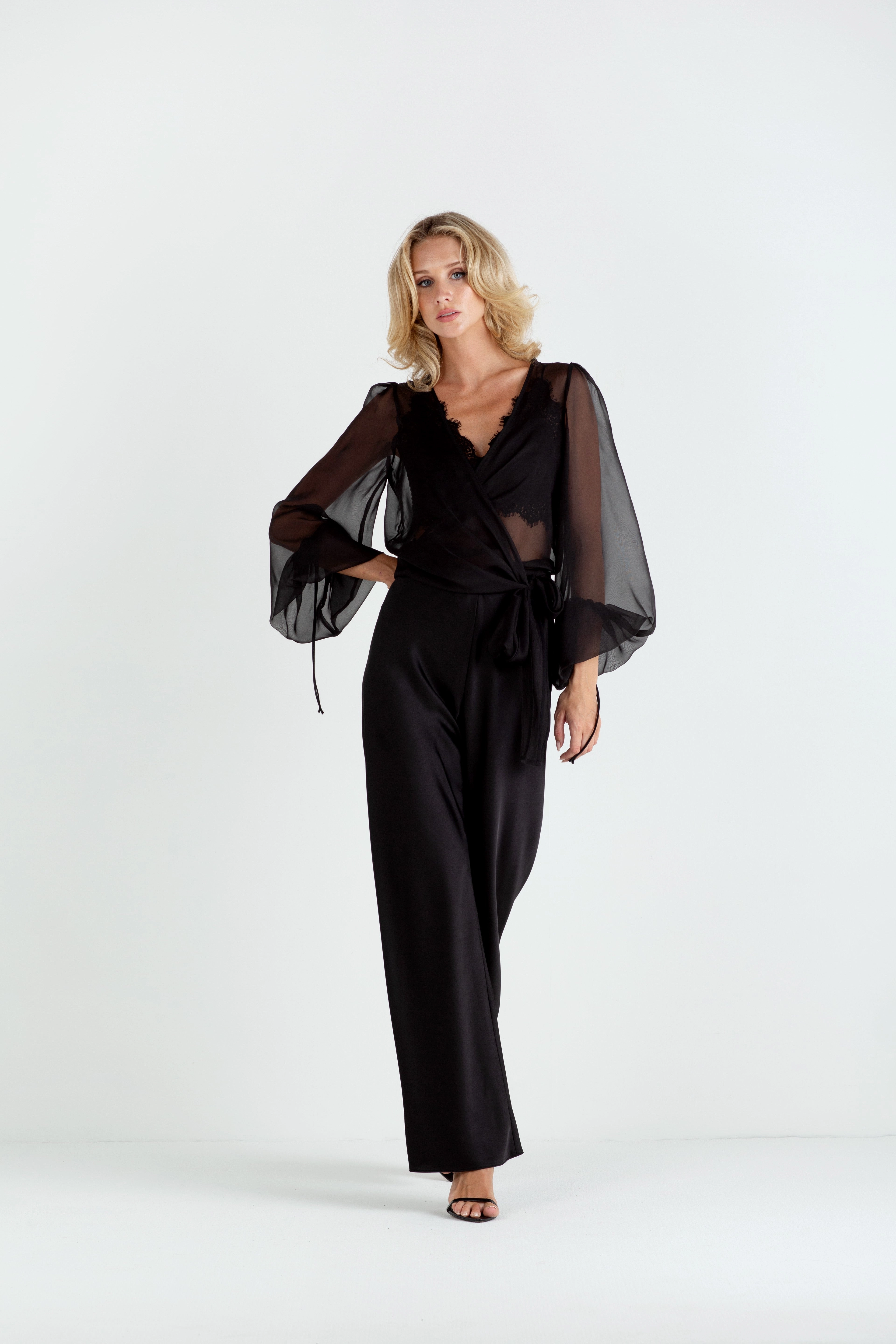 "The Jenny" - Sheer Wrap Blouse (Black) Practical work-to-play piece tailored look