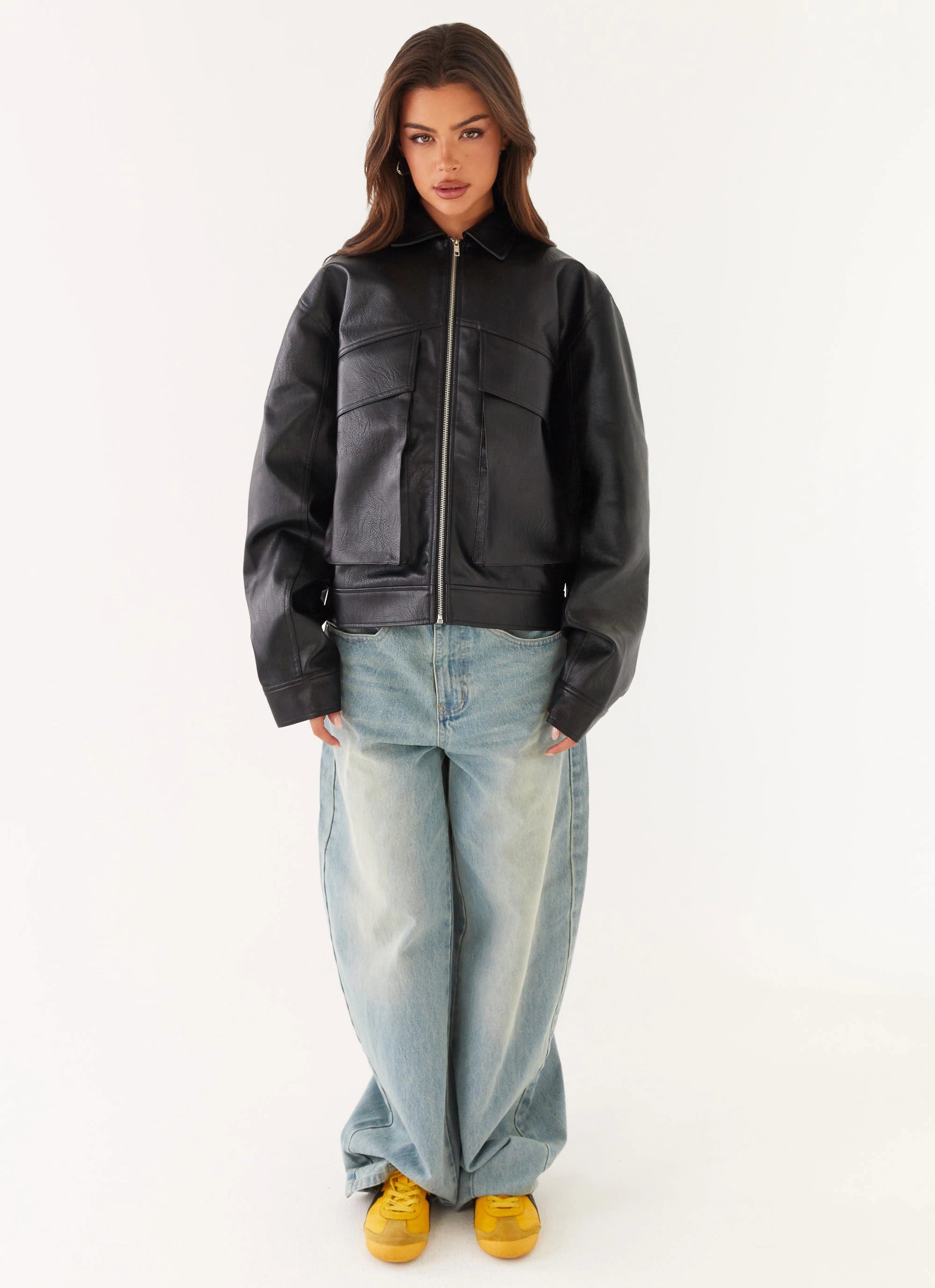 Elegant Styling Lula Faux Leather Bomber Jacket - Black