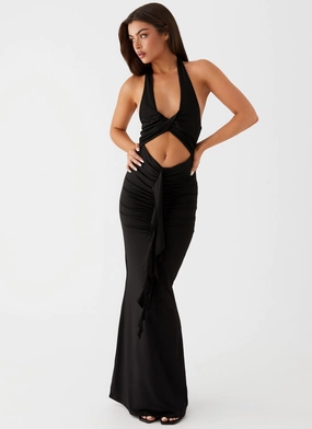 Front-Zip Event Glow Allanna Frill Maxi Dress - Black