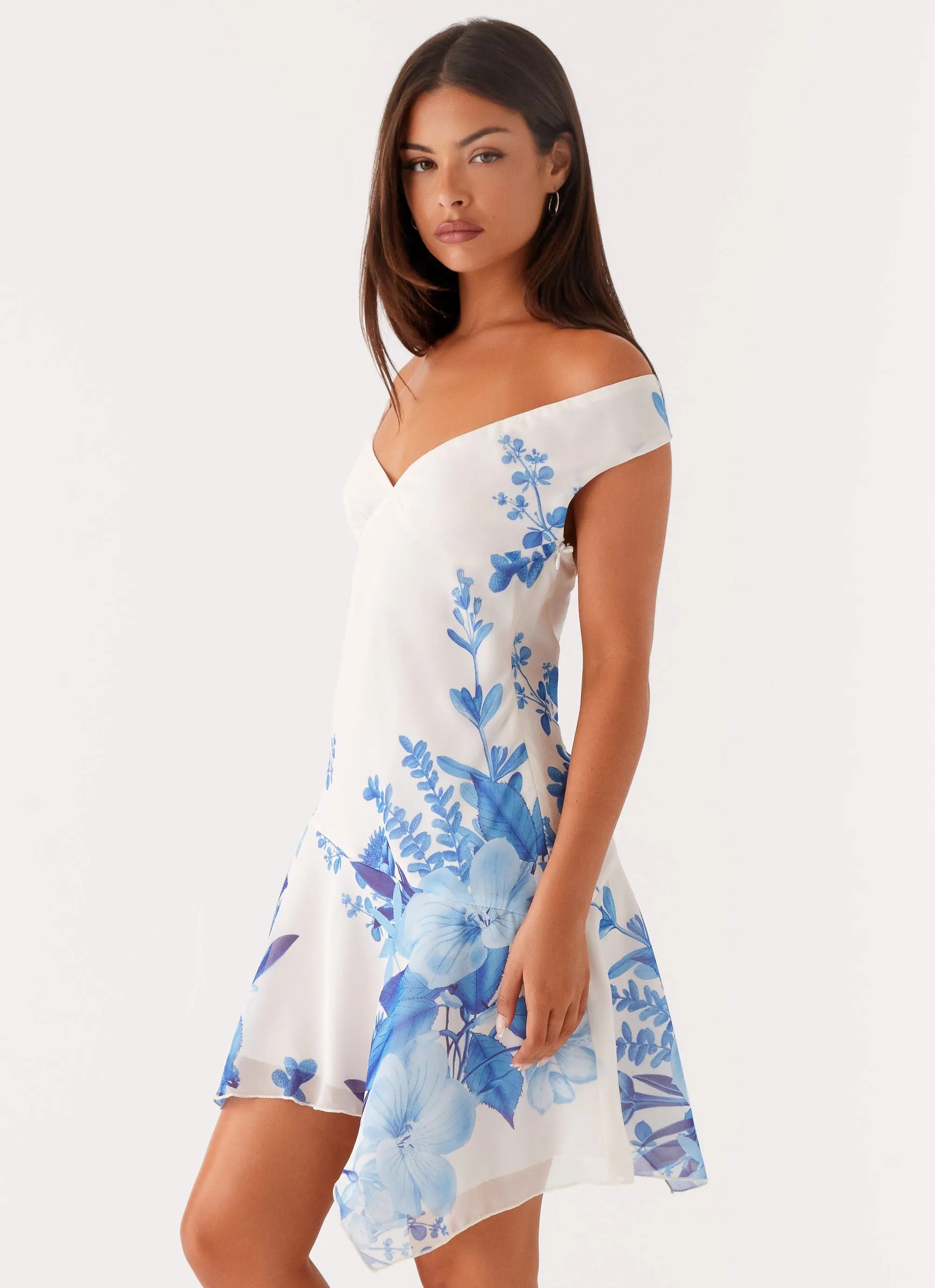 Minimalist Waistband Autumn Mood Alma Mini Dress - Blue Floral Print