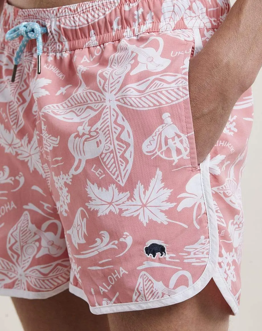 Aloha Print Mens Swim Shorts | Coral