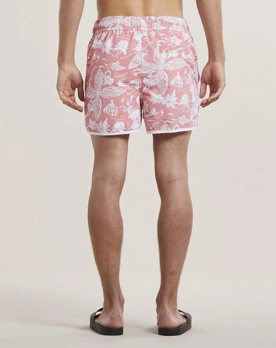 Aloha Print Mens Swim Shorts | Coral