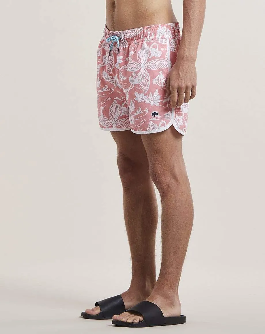 Aloha Print Mens Swim Shorts | Coral