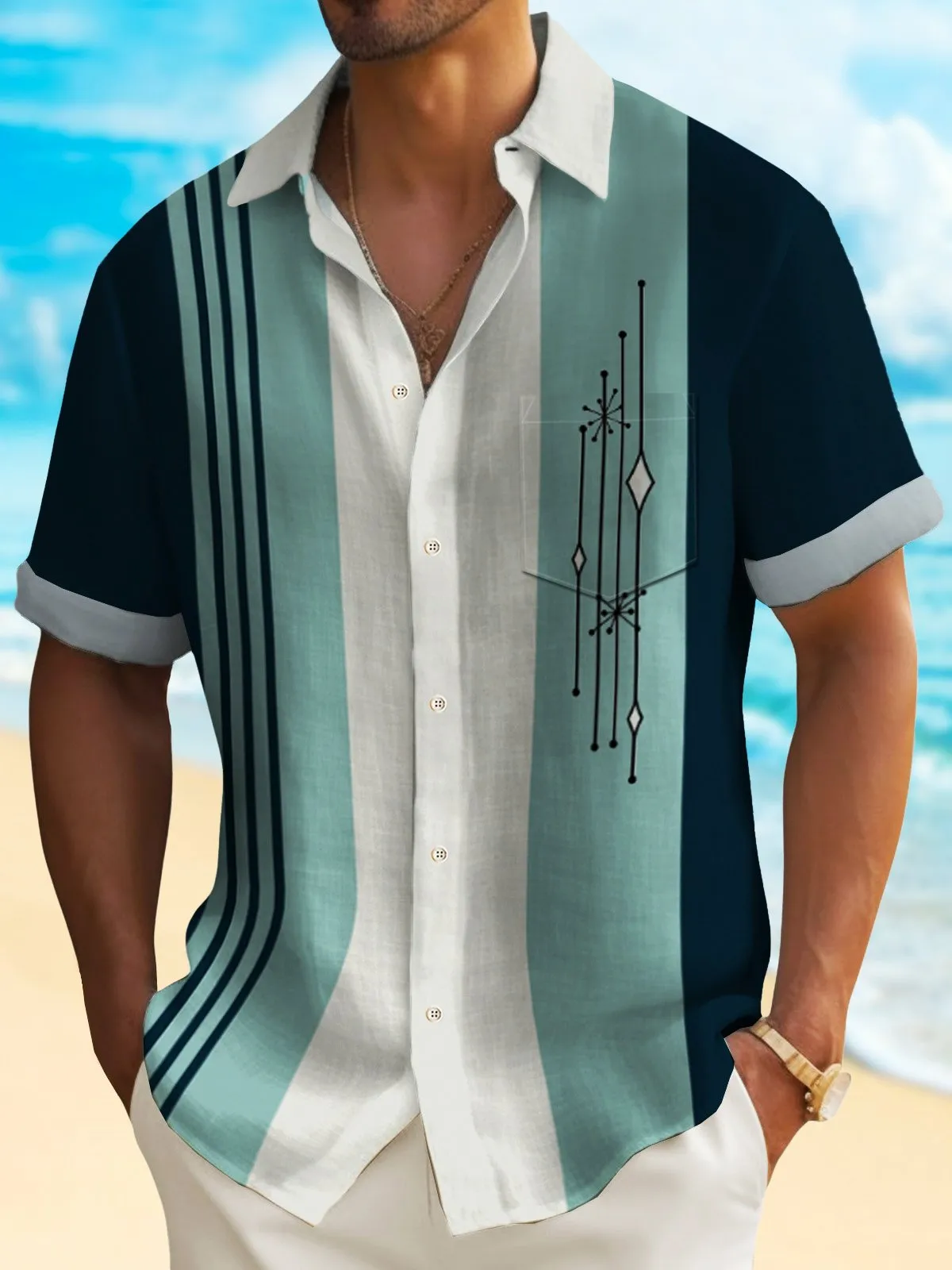 Alohadaddy 50's Mid Century Geometric Art Men's Vintage Bowling Shirt Stretch Pocket Camp Shirt Big Tall
