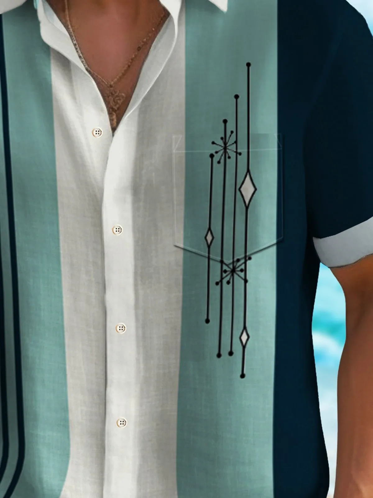 Alohadaddy 50's Mid Century Geometric Art Men's Vintage Bowling Shirt Stretch Pocket Camp Shirt Big Tall
