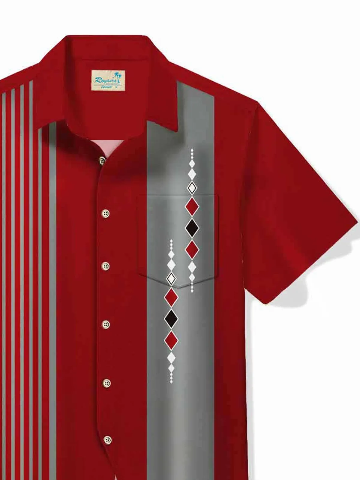 Alohadaddy 50's Retro Medieval Geometric Men's Bowling Shirt Artistic Stretch Pocket Camp Shirt Big Tall