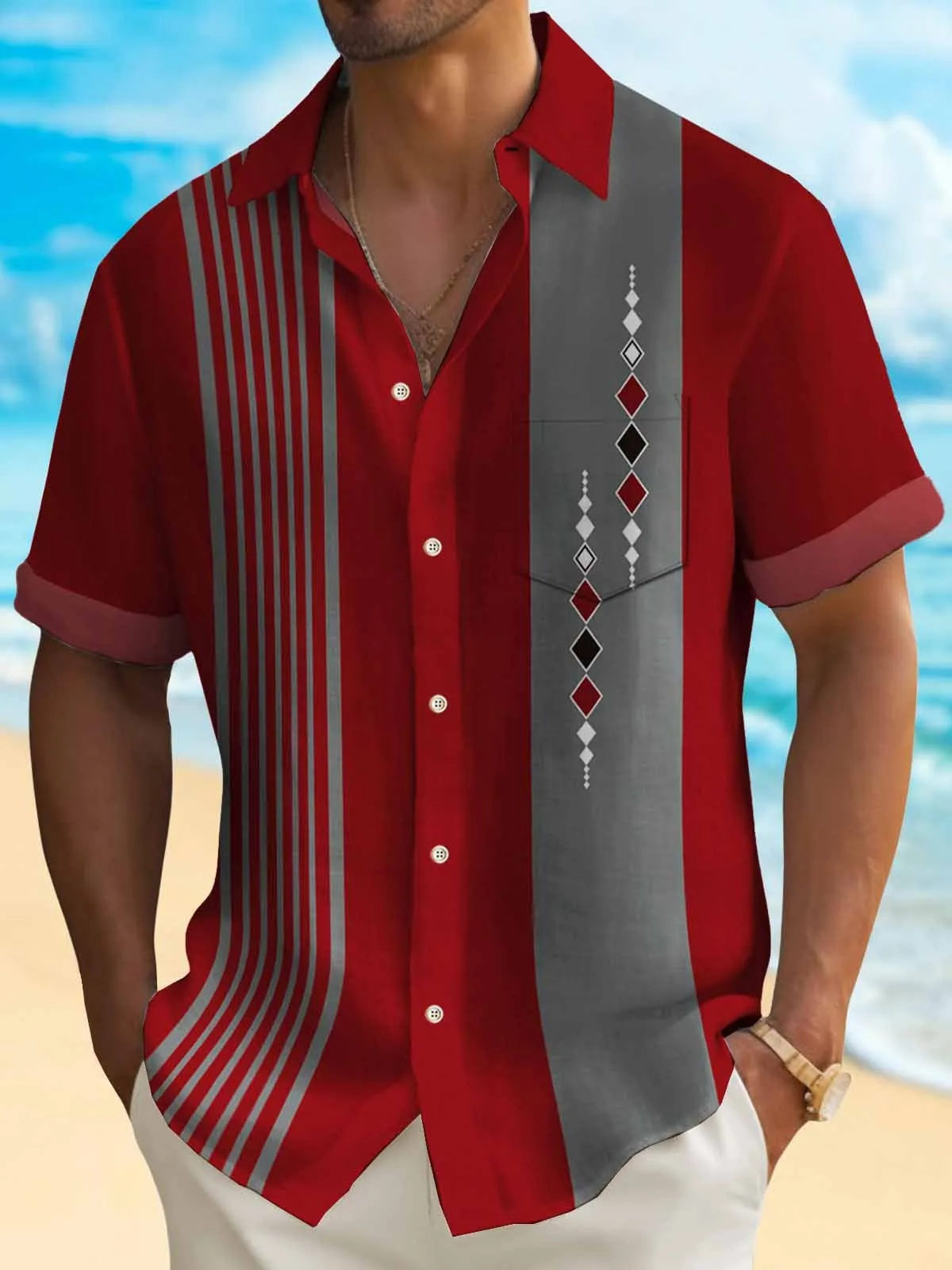 Alohadaddy 50's Retro Medieval Geometric Men's Bowling Shirt Artistic Stretch Pocket Camp Shirt Big Tall