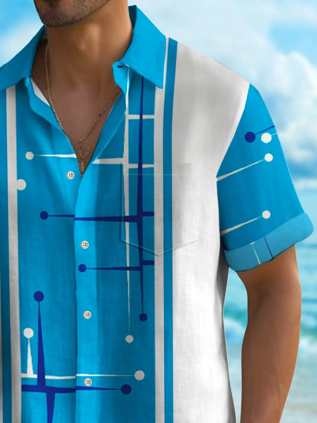 Alohadaddy 50's Retro Mid-Century Geometric Men's Bowling Shirt Stretch Pocket Camp Shirt Big Tall