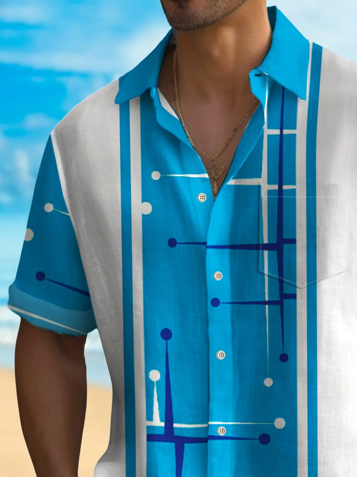 Alohadaddy 50's Retro Mid-Century Geometric Men's Bowling Shirt Stretch Pocket Camp Shirt Big Tall
