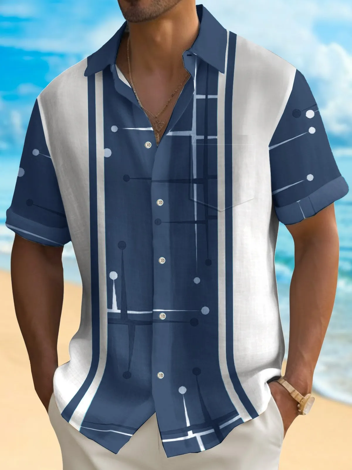 Alohadaddy 50's Retro Mid-Century Geometric Men's Bowling Shirt Stretch Pocket Camp Shirt Big Tall