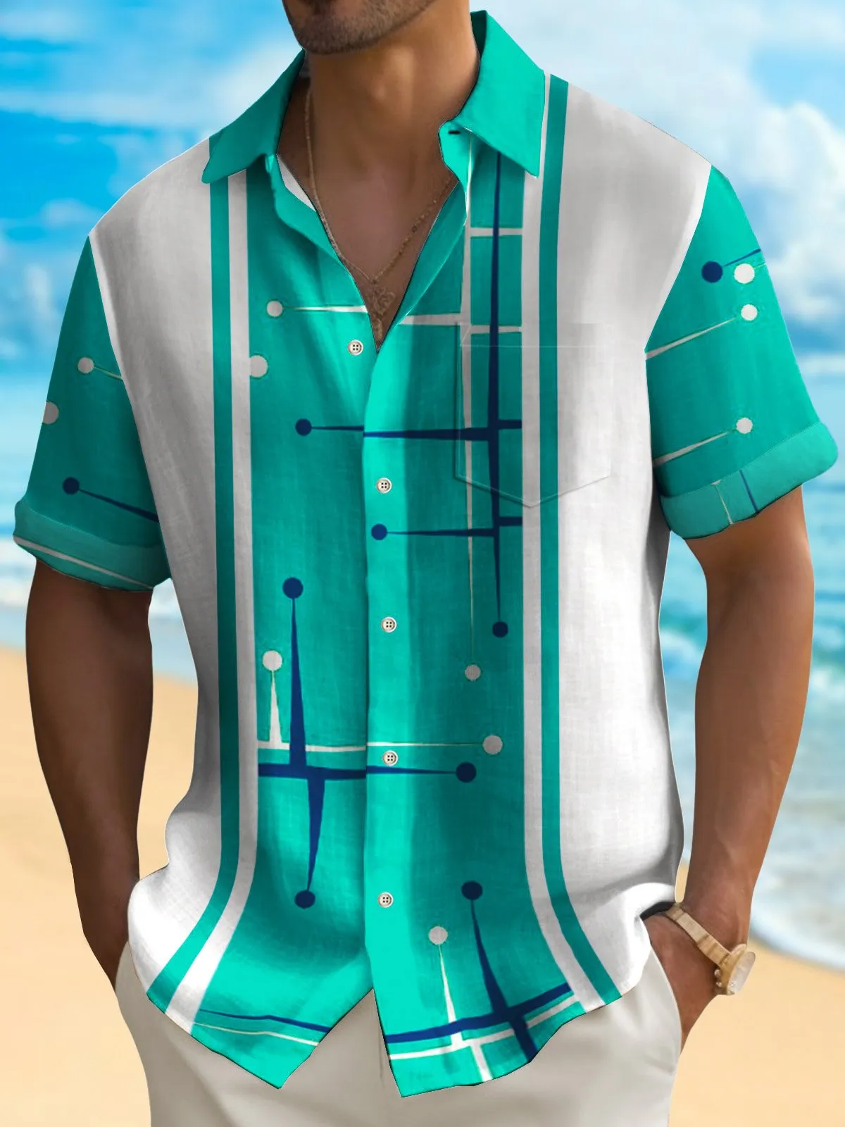 Alohadaddy 50's Retro Mid-Century Geometric Men's Bowling Shirt Stretch Pocket Camp Shirt Big Tall