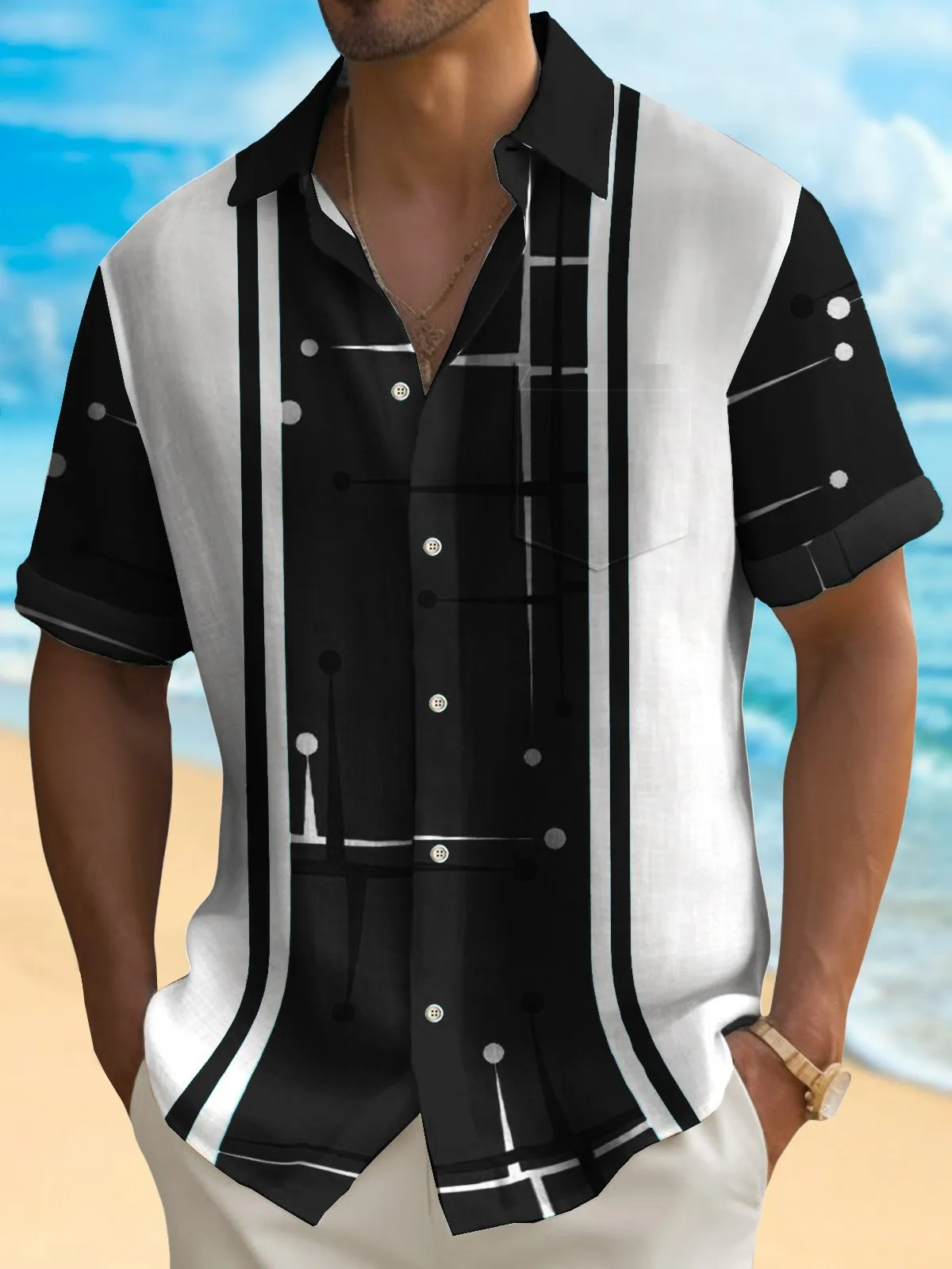 Alohadaddy 50's Retro Mid-Century Geometric Men's Bowling Shirt Stretch Pocket Camp Shirt Big Tall