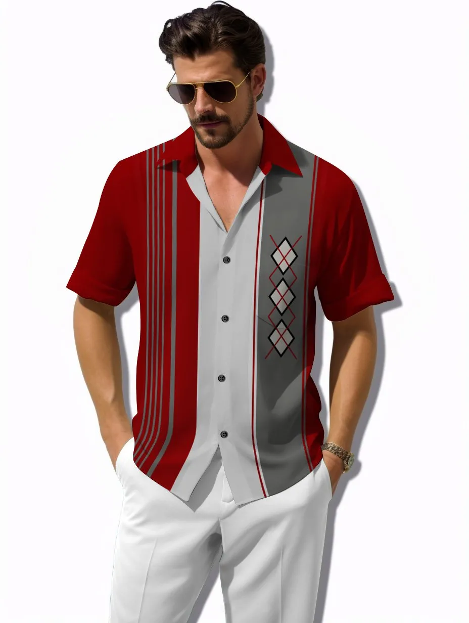 Alohadaddy 50's Retro Mid-Century Geometric Men's Bowling Shirts Stretch Plus Size Aloha Camp Pocket Shirts