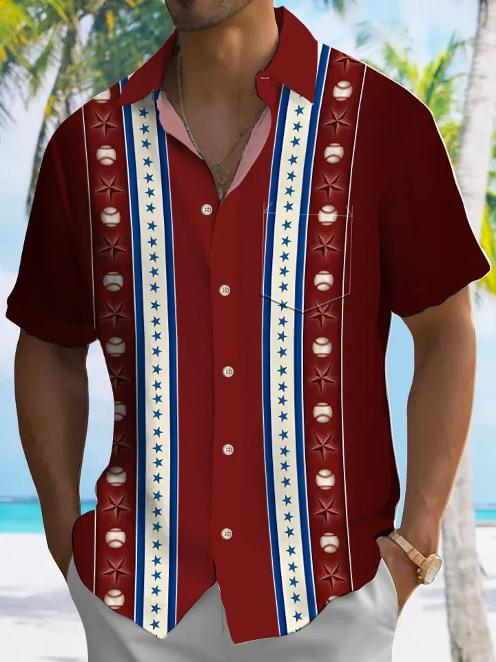 Alohadaddy Baseball Five-pointed Star Button Pocket Casual 50S Bowling Commuter Short Sleeve Shirt