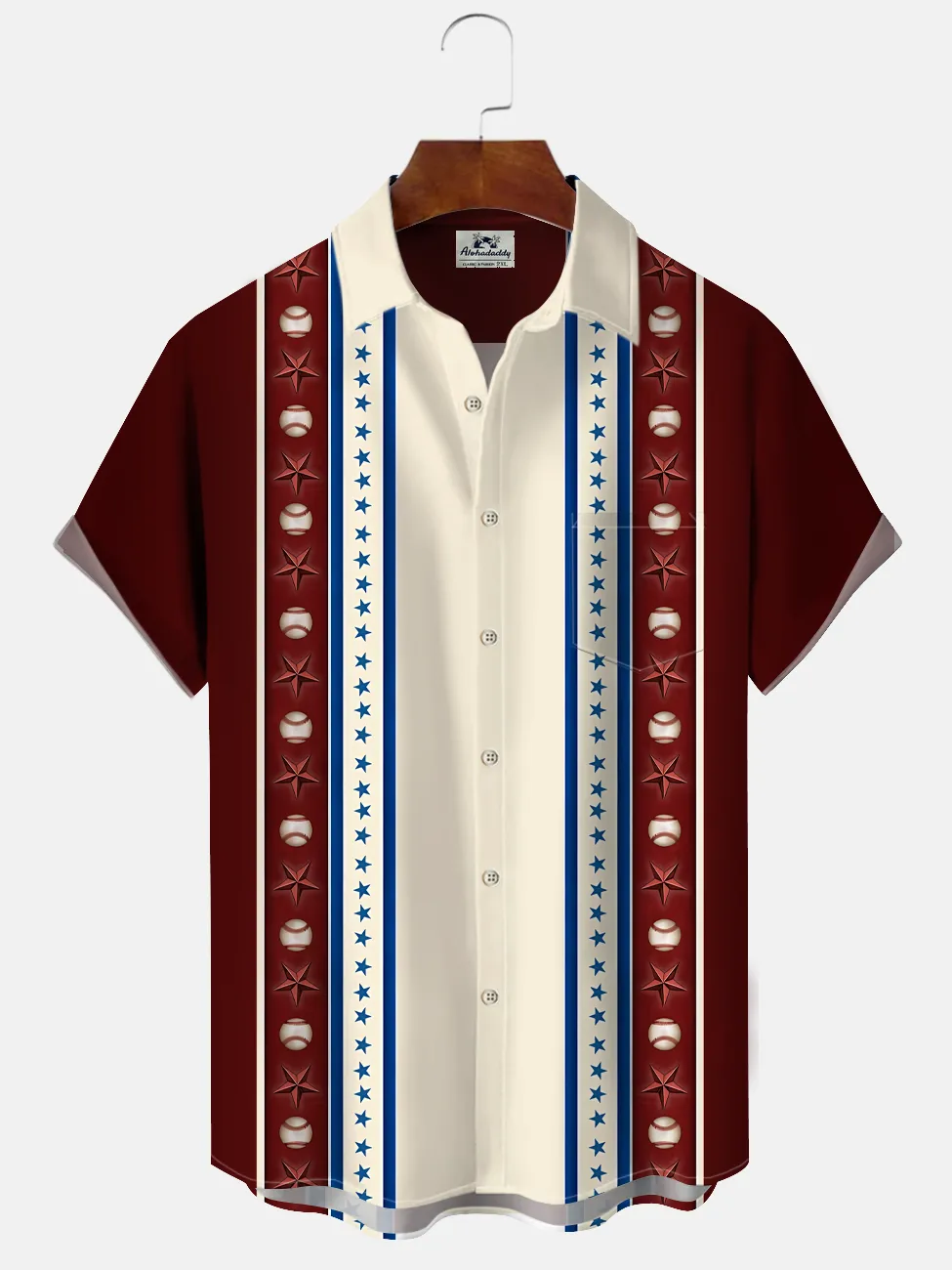 Alohadaddy Baseball Five-pointed Star Button Pocket Casual 50S Bowling Commuter Short Sleeve Shirt