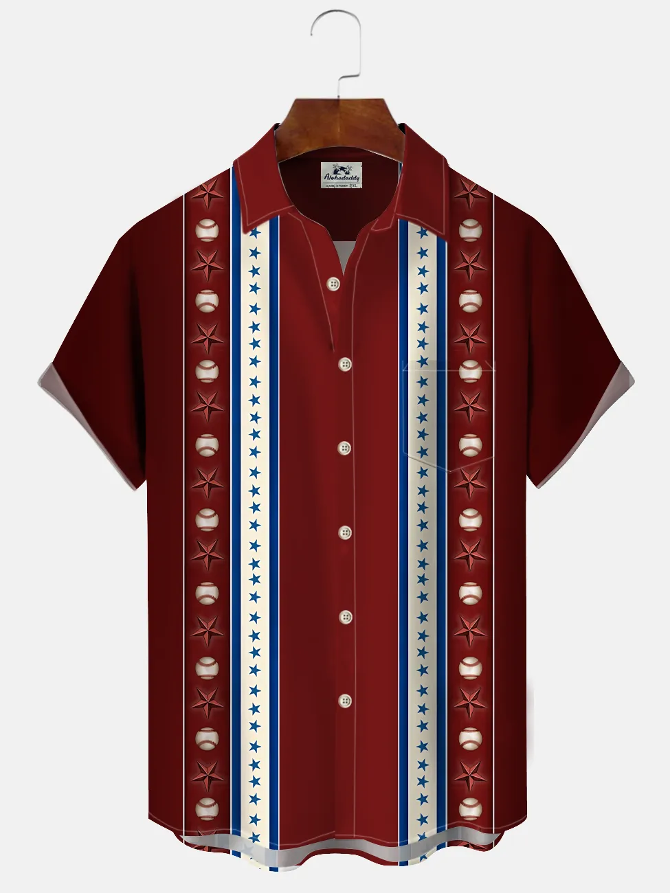 Alohadaddy Baseball Five-pointed Star Button Pocket Casual 50S Bowling Commuter Short Sleeve Shirt